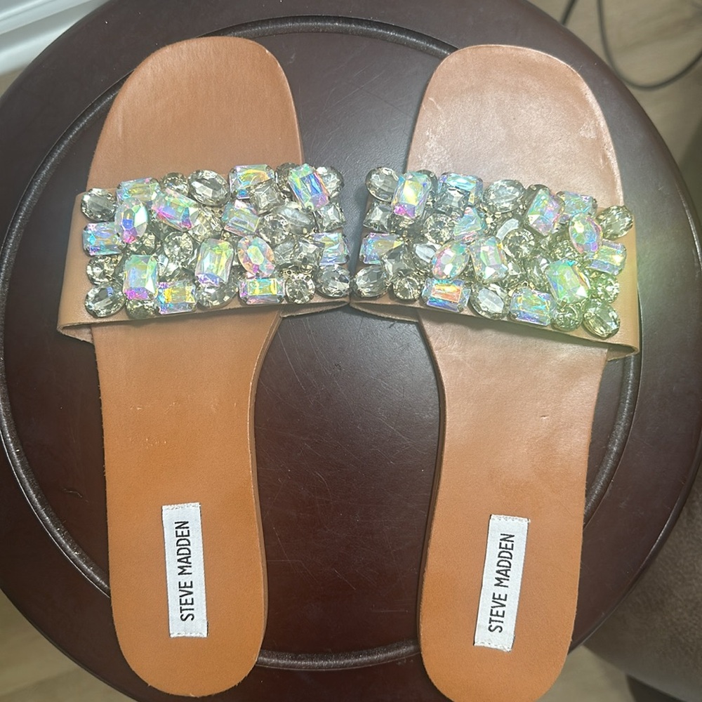 Steve Madden Brionna Jeweled Rhinestone Open Toe Flat Slide Mule Sandals Size 11